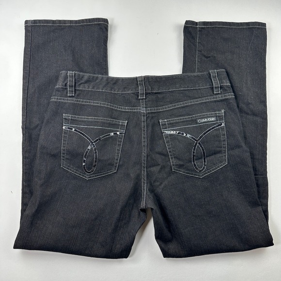 Calvin Klein Bootcut Jeans Sz 14 Sequin Pockets Black Denim Relaxed Y2K Sparkle - Picture 1 of 11